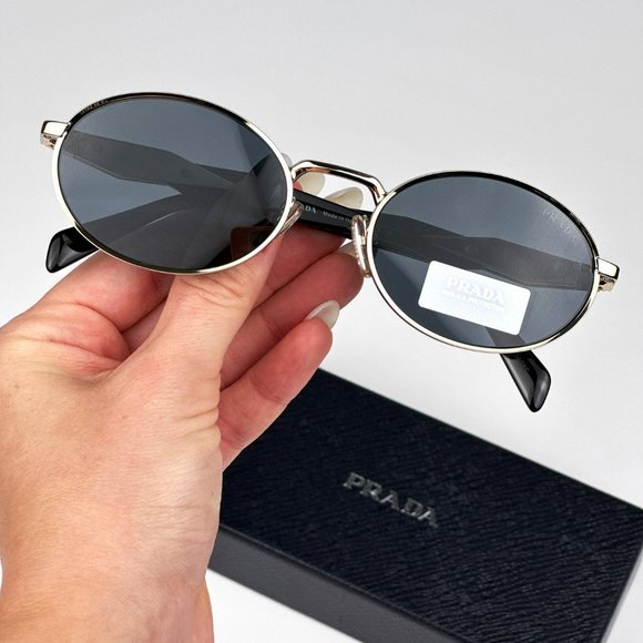 Prada PR65ZS ZVN09T Sunglasses Pale Gold Dark Grey Oval Metal Unisex - Picture 3 of 15